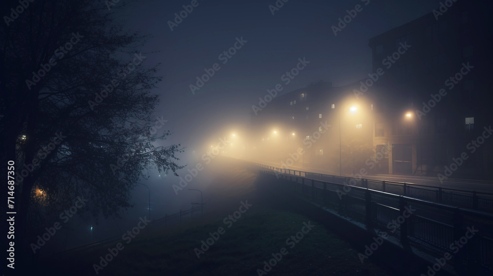 Insomnia concept, slow motion, empty blue city street in fog, light of lanterns.