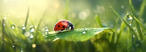 A ladybug on a green leaf with a water splash effect on its surface and in a photo with a blurred background