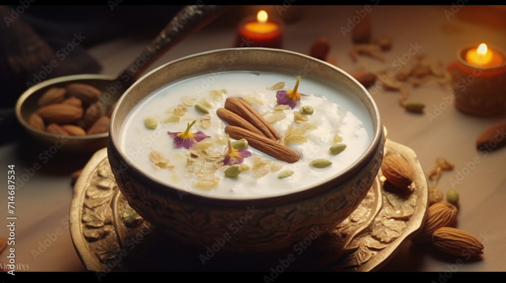 A bowl of creamy kheer, a rice pudding dish with nuts and aromatic spices A bowl of creamy kheer, a rice pudding dish with nuts and aromatic spices