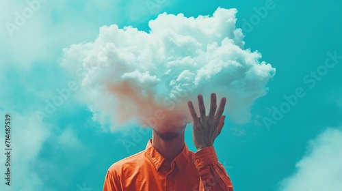 A surreal composition featuring a person with a cloud for a head, reaching up towards the sky, representing concepts such as dreaming, imagination, and creativity. photo