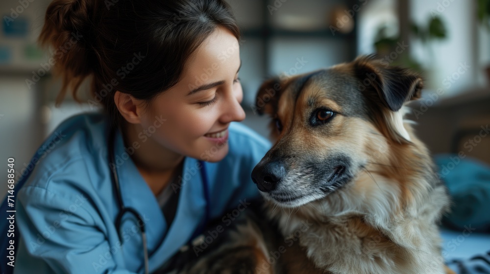 Young happy veterinary nurse smiling while playing with a dog at Veterinary Clinic, generative ai