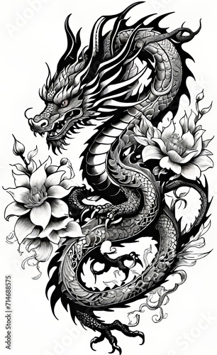 Vector illustration, Asian (Chinese) dragon tattoo template, Asian patterns and ornaments, hand drawn sketch, Asian (Chinese) dragon mask, backgrounds for smartphone,