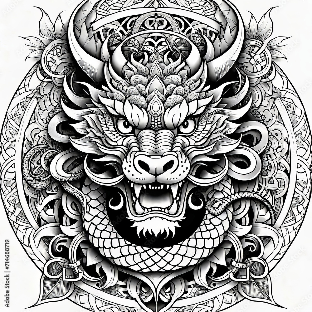 Fototapeta premium Vector illustration, Asian (Chinese) dragon tattoo template, Asian patterns and ornaments, hand drawn sketch, Asian (Chinese) dragon mask,