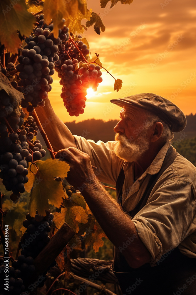 Fototapeta premium farmer grandfather collects ripe grapes grapes