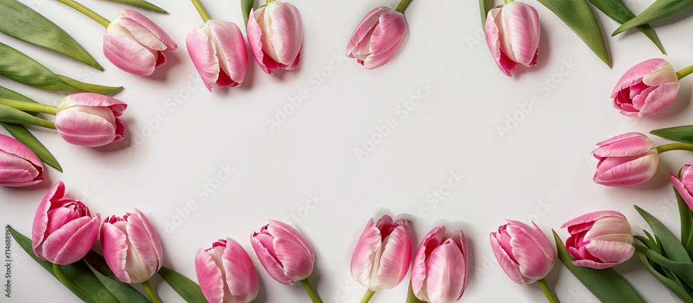 Frame of pink tulips, spring flowers on white background. Women's Day, Mother's Day, Valentine's Day panoramic banner, background, copy space, top down. Generative AI. Frame of pink tulips, spring flowers on white background. Women's Day, Mother's Day, Valentine's Day panoramic banner, background, copy space, top down. Generative AI.