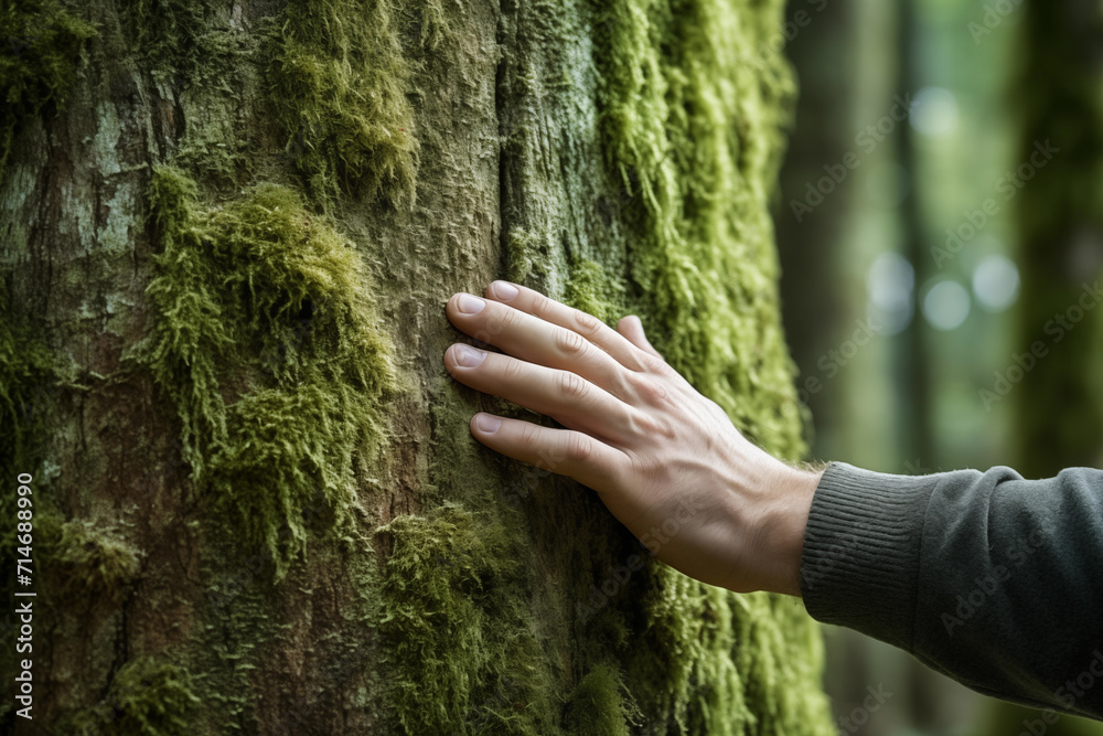 Hand touching of fresh moss on tree trunk in the wild forest. Forest ecology. Wild nature, wild life Hand touching of fresh moss on tree trunk in the wild forest. Forest ecology. Wild nature, wild life