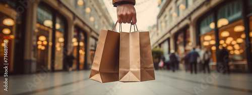 close-up of a hand holding a paper bag, shopping concept