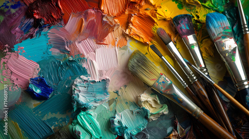 Colorful artist's palette with vibrant paint smudges and an assortment of paintbrushes