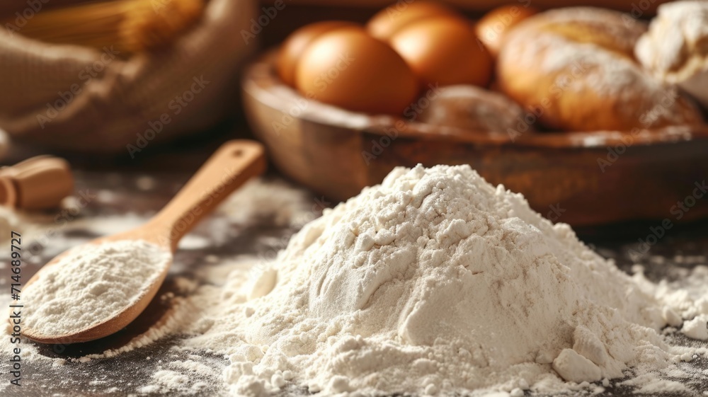 White flour on the background of the kitchen table. Baking powder. White flour on the background of the kitchen table. Baking powder.