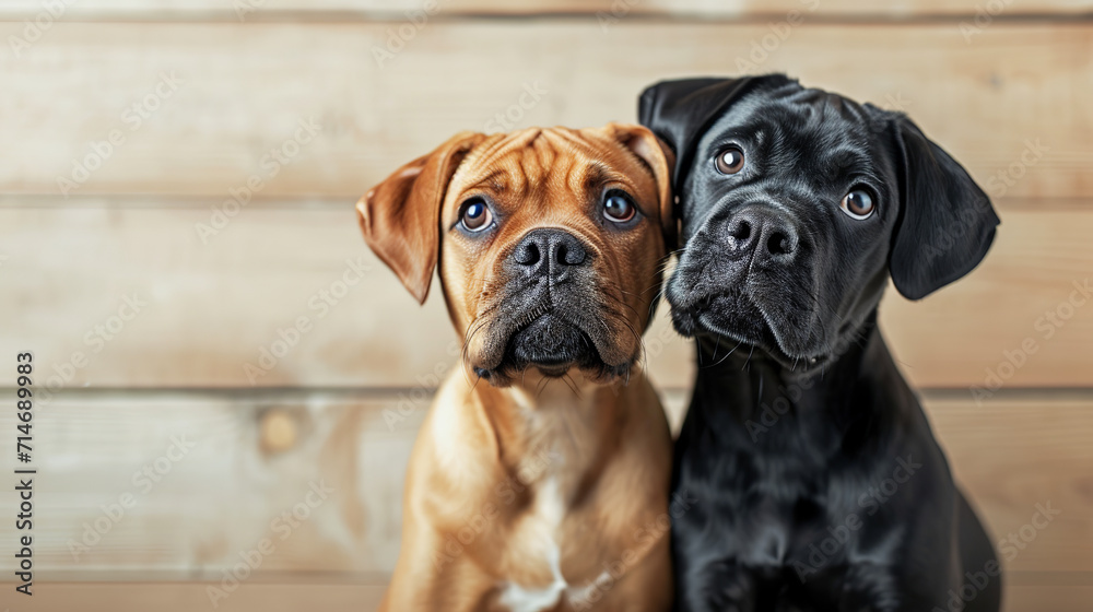 Two dogs of the German Boxer breed on a wooden background with icons in the form of hearts. Free space for text