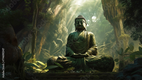 Hindu ancient religious buddha statue in dense tropical forest jungle.
