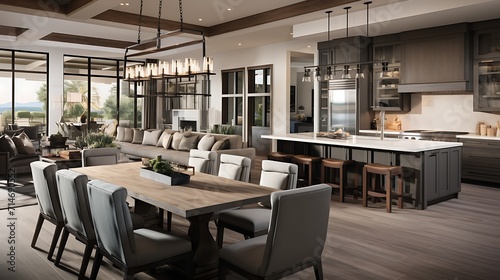 An open concept kitchen that connects to the dining and living areas.