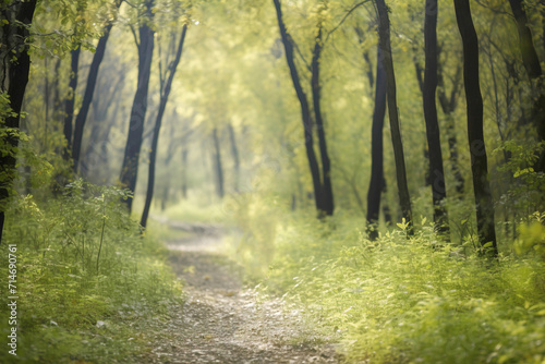 Path in a green forest in the sun. Summer nature natural environment.