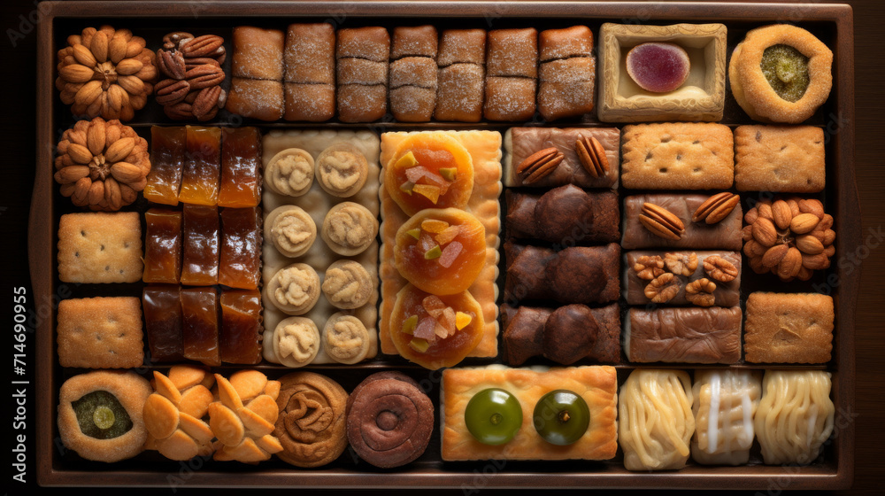 A tray of assorted Arabic pastries, including baklava and maamoul, a sweet way to end a Ramadhan meal A tray of assorted Arabic pastries, including baklava and maamoul, a sweet way to end a Ramadhan meal