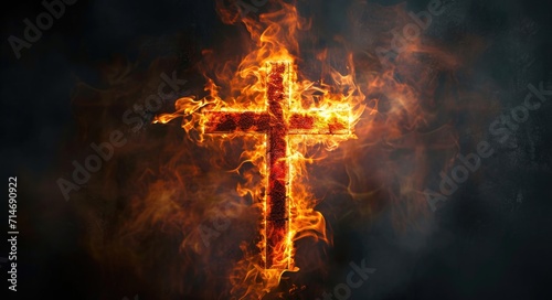 Burning Christian Cross in the Darkness: Symbol of Faith and Heat
