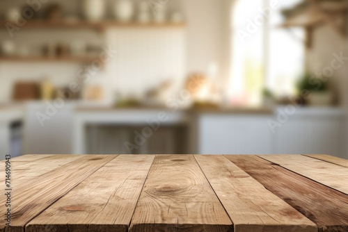 Rustic Wooden Table Top with Blurred Kitchen Background © AIGen