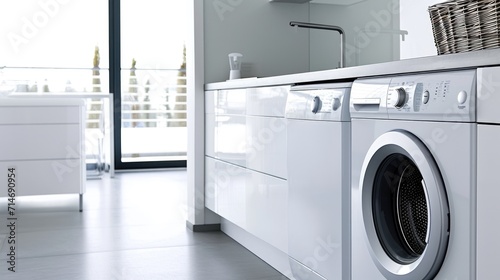 Modern House Interior with White Laundry Room and Washer Dryer
