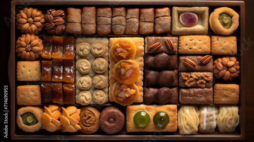 A tray of assorted Arabic pastries, including baklava and maamoul, a sweet way to end a Ramadhan meal