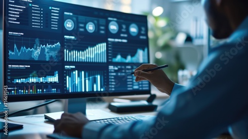 Monitor of computer and dashboard for data business analysis and Data Management System with KPI and metrics connected to the database for technology finance, operations, sales, marketing 