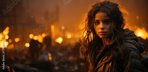 A lonely girl standing in the destroyed street city with fire building. World war zone background concept. 