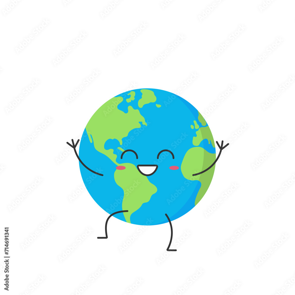Earth cute character cartoon planet smiling face happy joy emotions vector illustration.
