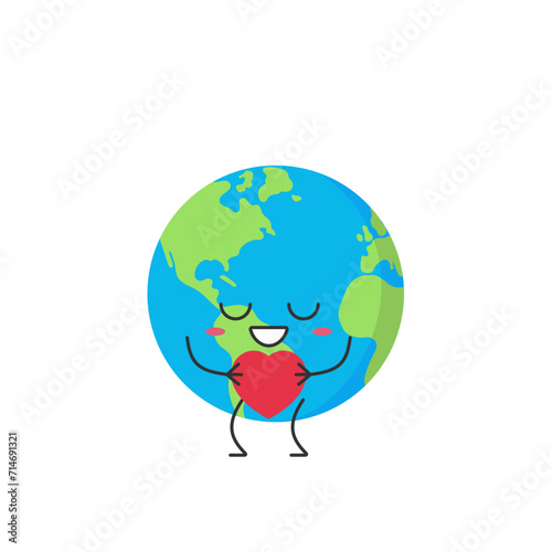 Earth cute character cartoon planet love sign heart favorite smiling face happy emotions vector illustration.