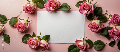 Pink roses, flowers on pink background with blank card. Panoramic background banner Mother's Day, Women's Day, Valentine's Day. Copy space, top down, romantic. Generative AI.