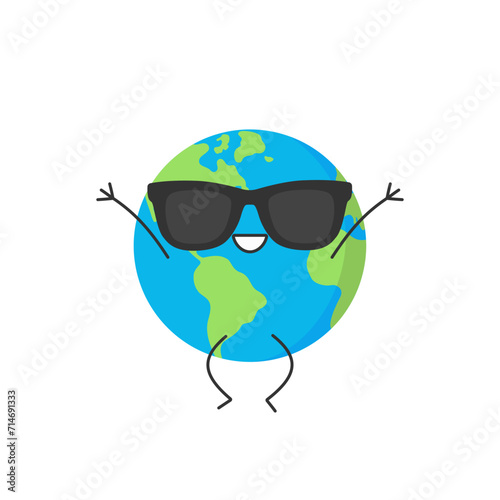 Earth cute character cartoon sunglasses planet jumping greeting smiling face happy joy emotions vector illustration.