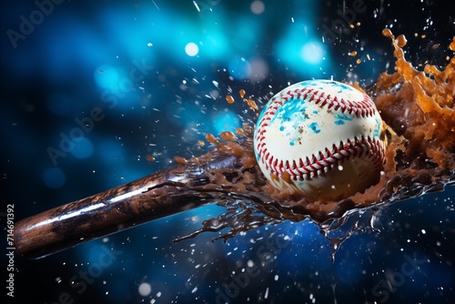 the forceful collision between a baseball bat and baseball against a bright backdrop photo