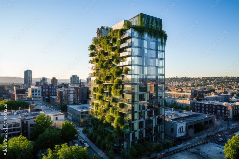 Obraz premium Energy-efficient building stands tall amidst a cityscape. Its design features green walls, solar panels, and energy-efficient windows.