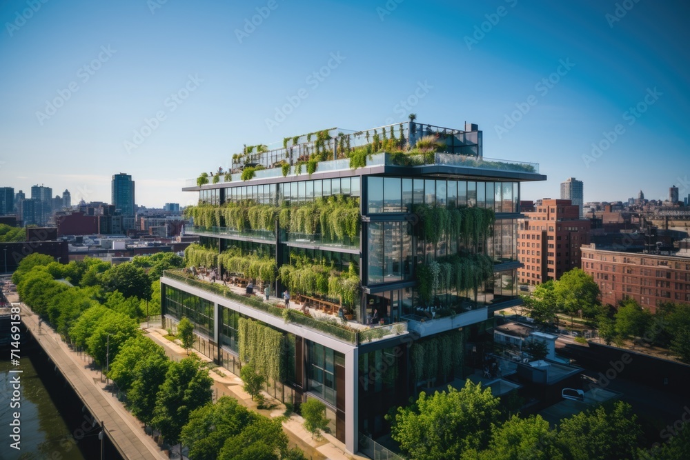 Energy-efficient building stands tall amidst a cityscape. Its design features green walls, solar panels, and energy-efficient windows.