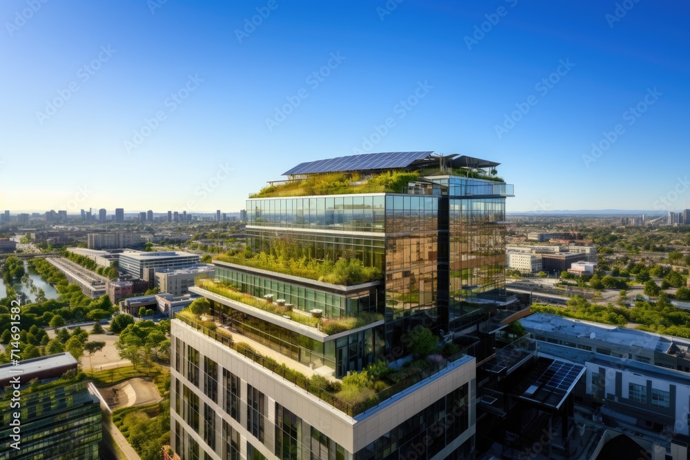 Energy-efficient building stands tall amidst a cityscape. Its design features green walls, solar panels, and energy-efficient windows.