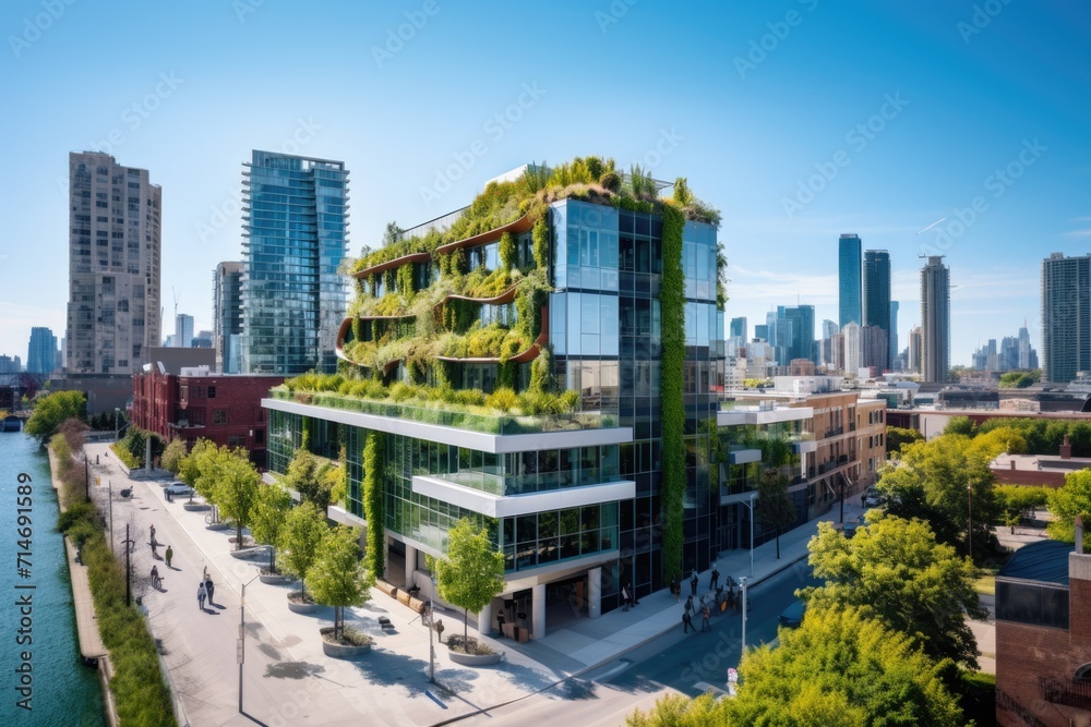 Obraz premium Energy-efficient building stands tall amidst a cityscape. Its design features green walls, solar panels, and energy-efficient windows.