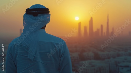 Arabic man looking to the sunrise, sunset Dubai 
