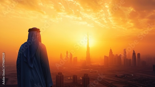 Young arabic man looking to the sunrise, sunset Dubai 