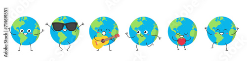 Set Earth cute character cartoon planet greet jump love run sing smile face happy joy emotions vector illustration.