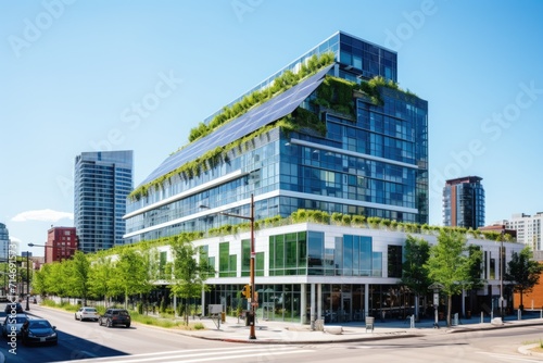 Energy-efficient building stands tall amidst a cityscape. Its design features green walls, solar panels, and energy-efficient windows. photo