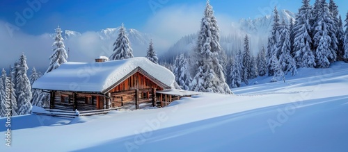 Winter scenery of a rustic cabin, covered in snow.