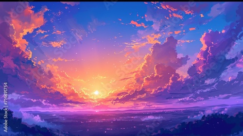 Amazing Landscape Background Sky Clouds Sunset Oil Painting View Wallpaper Landscape Light Colours Purple Anime style Magic and Colorful