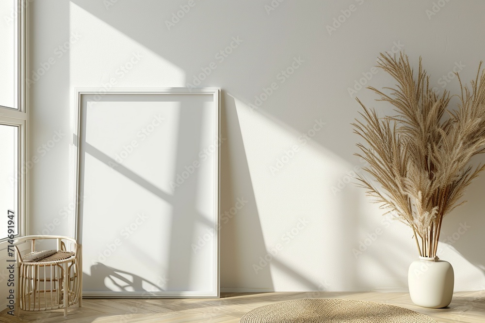 Fototapeta premium Modern Interior with Blank Poster Frame Blank horizontal poster frame mock up in minimal white style living room interior, modern living room interior background