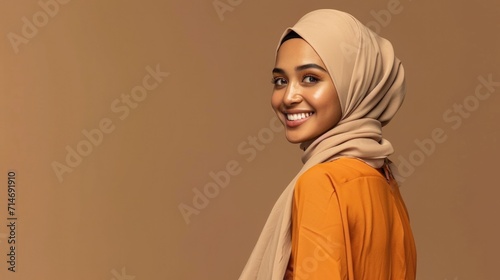 Beautiful muslim woman wearing beige hijab, orange blouse and beige pants smiling and looking back on brown background. Copy space. 