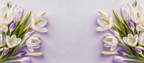 Spring flowers crocuses on pastel pink background banner, website header, copyspace. Colorful flowers,  Mother's day, Women's Day, Birthday card, Easter, top down, flat lay. Generative AI.