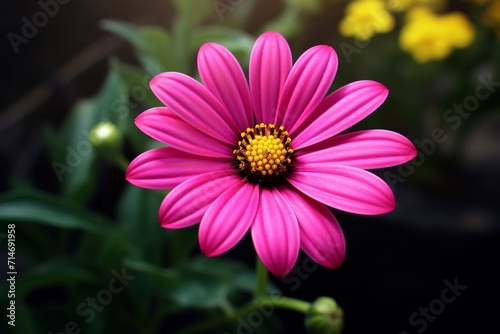 A bright pink flower displays a yellow center and a green stem