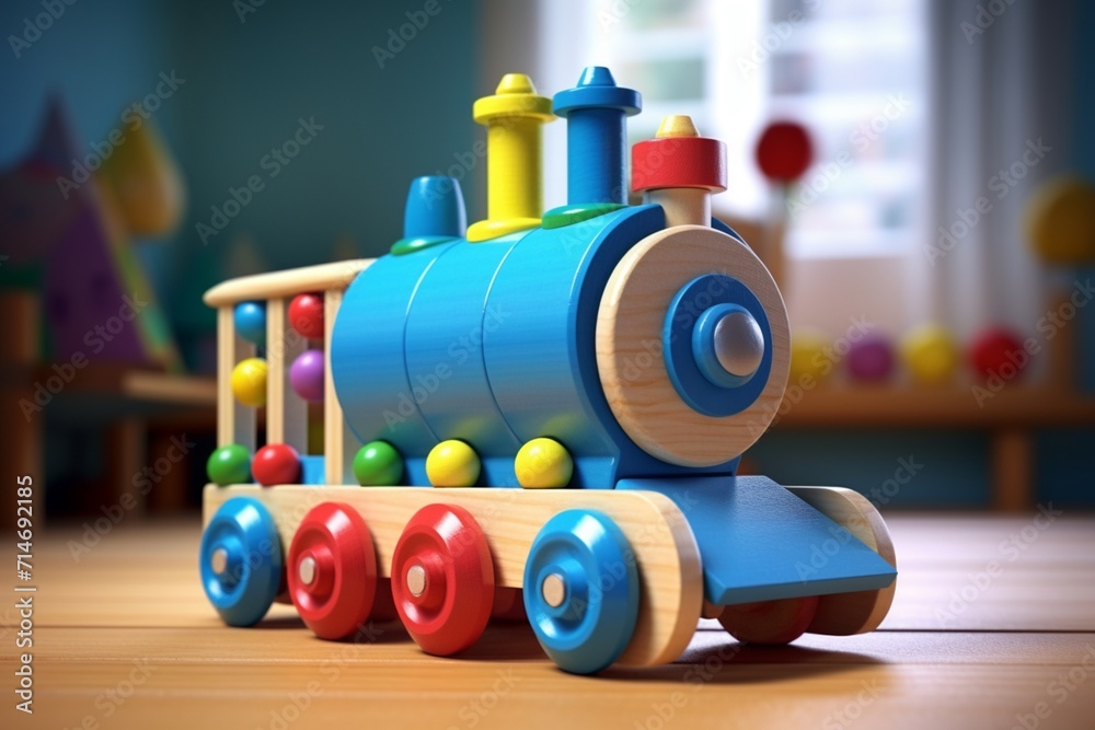 A brightly colored wooden toy train with blue colorful balls on top