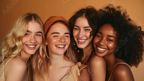 Beauty, diversity and portrait of festival women happy with shine makeup for cosmetic skincare isolated in studio brown background. Skin, aesthetic and young friends on dresses together for self care.