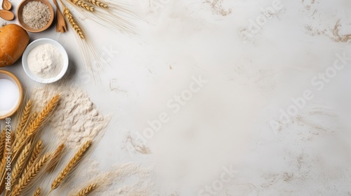 Wheat ears and flour on white marble background. Top view with copy space photo