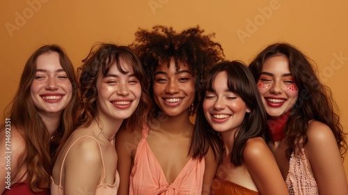 Portrait of young multiracial women wearing dresses standing together and smiling at camera isolated over studio background