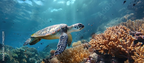 Hawksbill sea turtle swims in Bali's coral reefs.