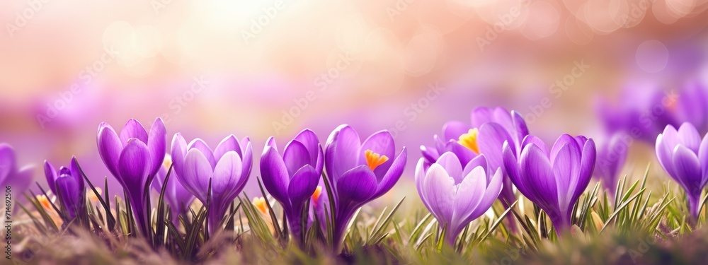 blooming crocuses in the spring forest. Spring background, banner - obrazy, fototapety, plakaty 