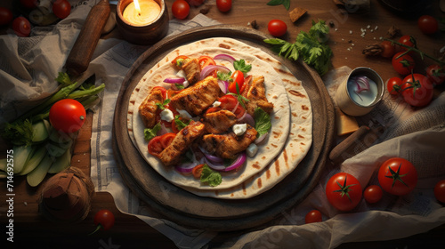 Grilled and marinated chicken shawarma, served with fresh vegetables and wrapped in warm pita bread, a crowd-favorite during Ramadan
